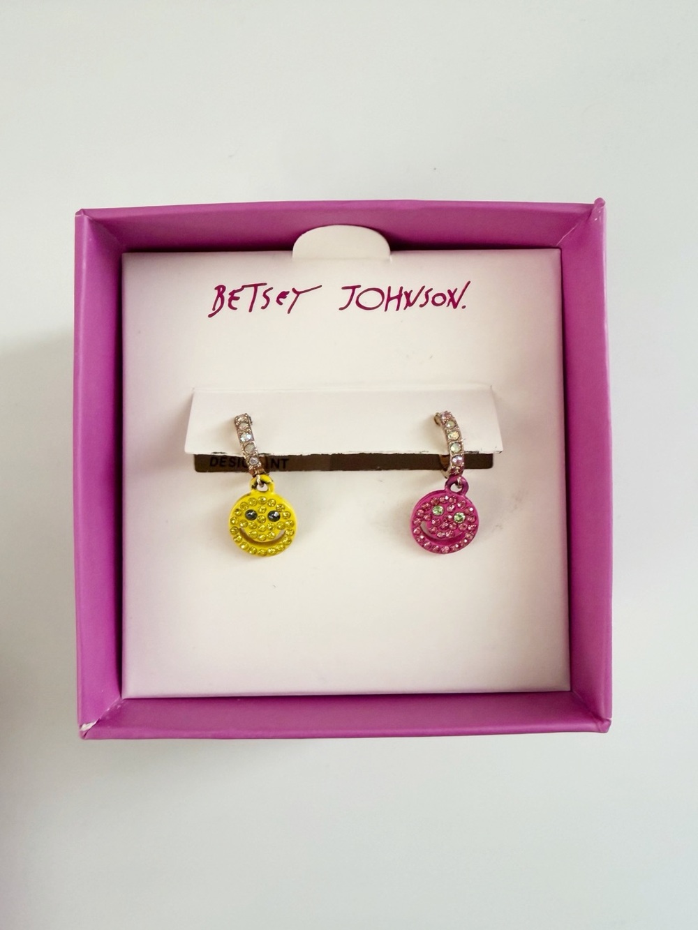 Betsey Johnson Rhinestone Smiley Mismatch Face Huggie Hoop Dangle Earrings New
